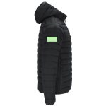 A black puffer jacket featuring a hood and a patch on the sleeve. It has a sleek, quilted design.
