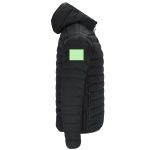 A black jacket with a hood, featuring a green square logo on the sleeve.