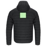 A black puffer jacket with a green square on the back and a hood. It features a quilted design.