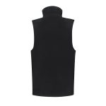 A black vest featuring a high collar and a sleek design. It has a logo on the back.