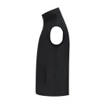A black sleeveless vest with a high collar and side pocket, featuring a logo on the front.