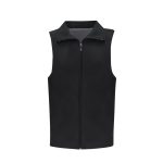 A black sleeveless vest with a full front zip and a collar, featuring a logo on the chest.