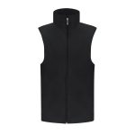 A black sleeveless vest with a high collar and a front zipper, featuring a branding logo.