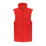 A red sleeveless vest with a high collar and a front zipper, featuring a logo on the fabric.