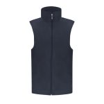 A navy sleeveless vest with a high collar and full zip front, featuring a logo on the chest.