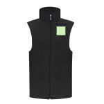 A black vest features a high collar and a small green square logo on the front.