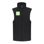 A black vest featuring a zip front and a small green square patch on the chest. It has a high collar and no sleeves.
