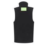 A black vest with a high collar and a square green patch on the back. It features a logo.