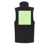 A black vest with a mint green rectangular patch on the back. It features a high collar and no sleeves.