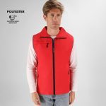 A red vest with a zip front and a pocket, made of water and wind-resistant polyester. It features a logo on the side.