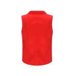 A sleeveless red vest with a collar, featuring a logo on the back.