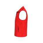 A red vest with a zip and side pocket, featuring a simple design and no sleeves. Branding is present.