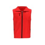 A red vest with a zippered front and two side pockets, featuring a collar and no sleeves. It has a logo on it.