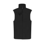 A black sleeveless vest with a high collar and a zippered front, featuring a small zipper pocket on the chest.