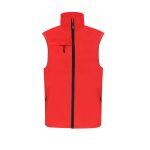 A bright red vest with a high collar, featuring a front zip and side pockets, along with a small zipped chest pocket.