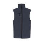 A navy Dervik Vest featuring a high collar, zip front, and side pockets, with a logo on the chest.