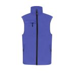 A purple vest with a high collar, featuring a zip front and pockets, along with a logo.