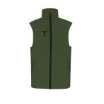 A green vest featuring a zip front, high collar, and side pockets. It has a logo on the chest.