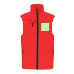 A red vest with a high collar, featuring a front pocket and two side pockets, along with a branding logo.