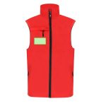 A red vest with a zip front, high collar, and a pocket on the chest. It features a logo.