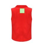A red sleeveless vest with a plain green square patch on the back and a collar.
