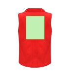 A red Dervik vest featuring a rectangular green patch on the back and a logo on the front.