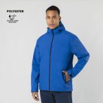 A blue rain jacket with a zip front, hood, and black accents, featuring a logo and made of polyester.