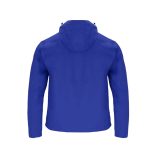 A blue Sarbon Parka rain jacket featuring a hood and a simple design. It has a logo on the back.