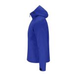 A blue rain jacket featuring a hood and a side view, with a simple design and a logo.