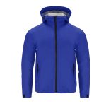 A blue rain jacket with a hood, featuring a front zip and side pockets, includes branding.