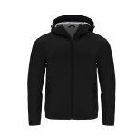 A black rain jacket with a hood, featuring a front zipper and two side pockets. It has a logo on the chest area.