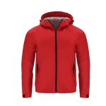 A red rain jacket with a hood, featuring zippered pockets and a branding logo.