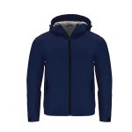 A navy blue rain jacket with a hood, featuring zippered front pockets and a logo on the chest.