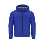 A blue rain jacket featuring a hood and side zip pockets, with a grey lining and branding.