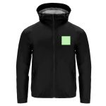 A black rain jacket features a hood and a small green logo on the front. It has zippered pockets and a minimalist design.