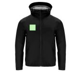 A black rain jacket with a hood and a patch on the front. It features side pockets and a sleek design.
