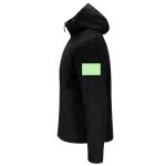 A black rain jacket featuring a hood and a patch on the arm. The jacket has a sleek, modern design.