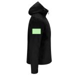 A black rain jacket featuring a hood and a patch on the left sleeve.