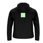 A black rain jacket featuring a green square at the back and a hood. It has a logo on one side.
