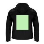 A black rain jacket with a hood, featuring a green square on the back and a logo.
