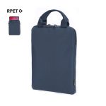 A tablet pouch in navy blue with a zip closure and handles, featuring a logo. Suitable for tablet protection.