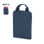 A navy tablet pouch with dual handles, featuring a zipper and a branding logo. Made from RPET material.