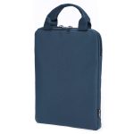 A navy tablet pouch with a zip closure and dual handles for carrying. It includes a logo along the side.
