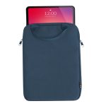 A navy tablet pouch displaying a tablet partially inserted, featuring a handle and a logo.