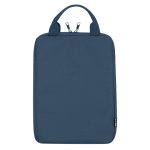 A tablet pouch in dark blue with a zip closure and dual handles, featuring a small logo on the side.