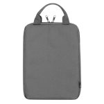 A grey tablet pouch with a zip closure and two handles, featuring a branding logo.