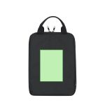 A black tablet pouch with a green rectangle on the front and dual zippers at the top, featuring a handle.