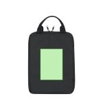 A black tablet pouch with a green rectangular panel, featuring a logo on the front and dual zip closure at the top.
