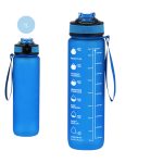 A drink bottle made from blue plastic with a flip-top lid, measurement markers, and a carry strap. It has a logo.