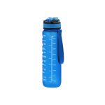A drink bottle in blue with measurement markings and a lid, featuring a carry handle and a logo.